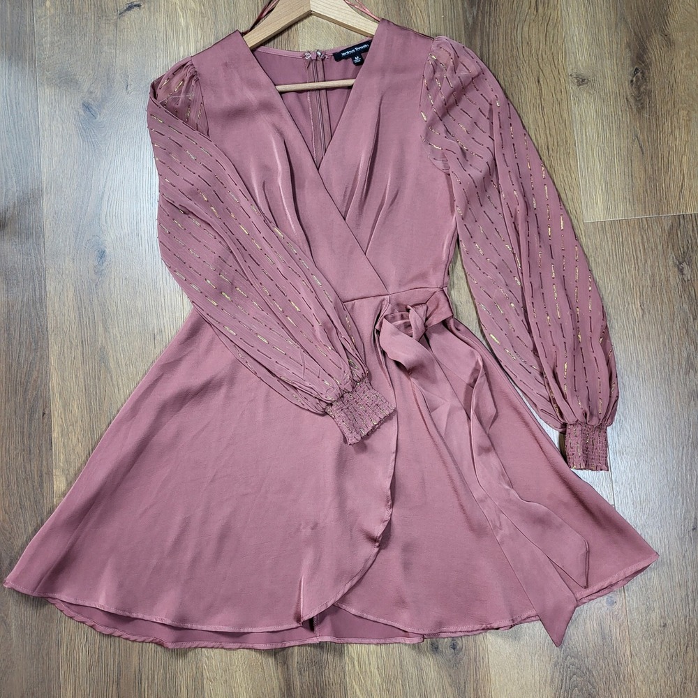 Fairycore Satin Wrap Mini Ellegant Evening‎ Dress Rose Metallic Sheer Sleeve M